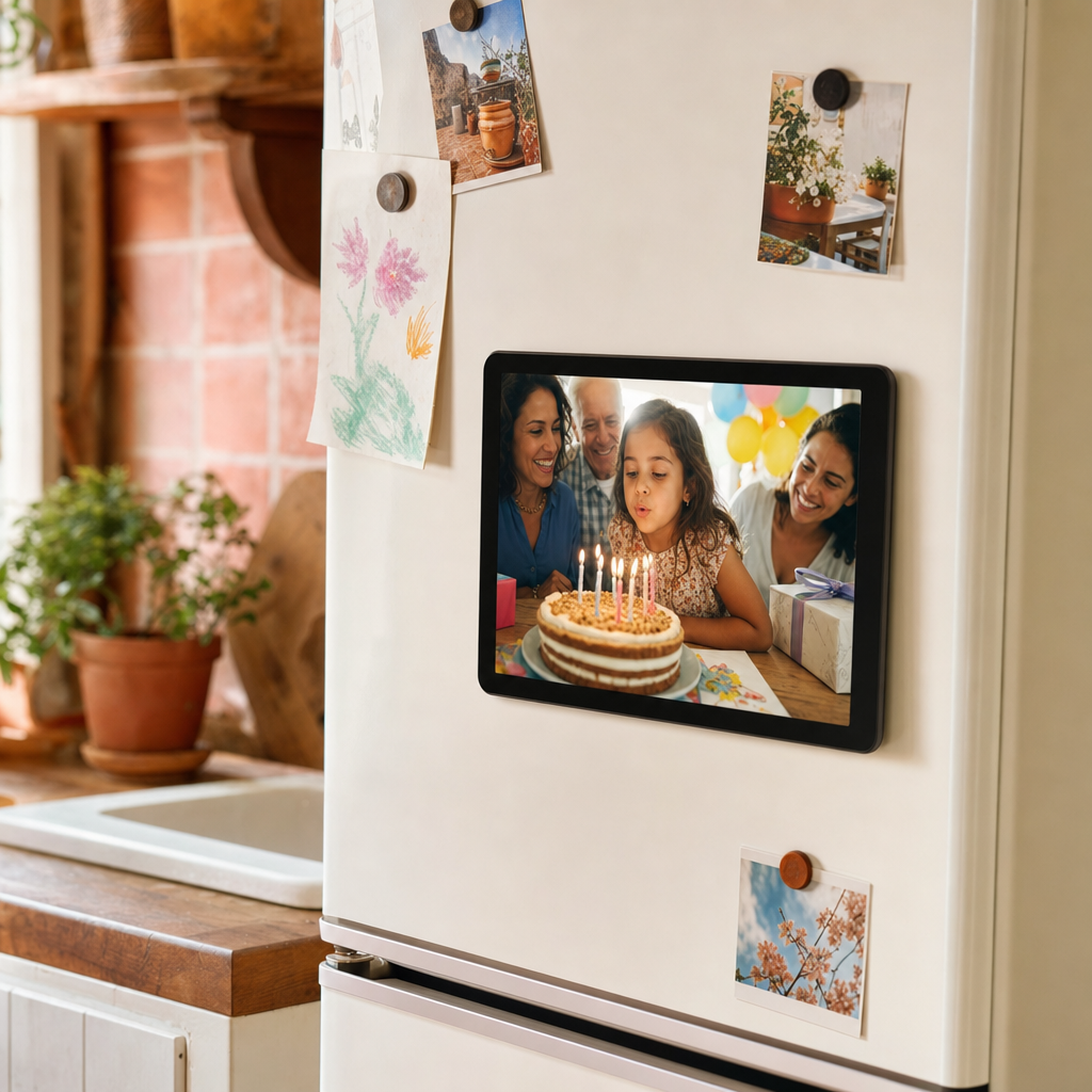 Tablette posée sur un buffet affichant des photos de famille
