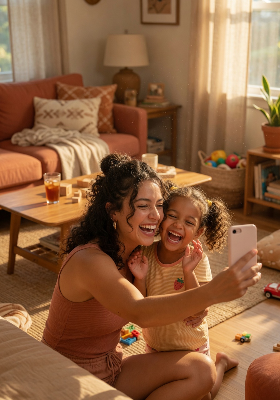 Mère et enfant qui envoient une photo