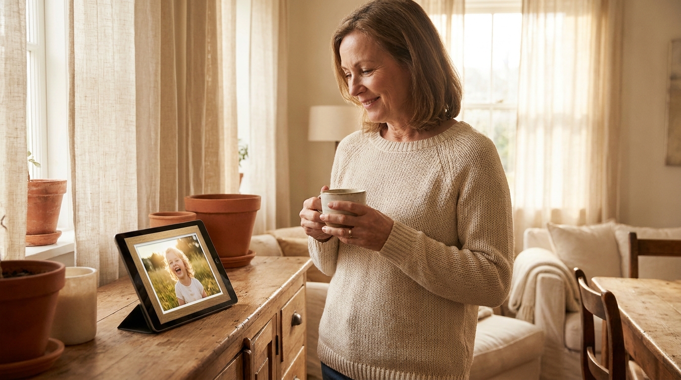 Grand-mère souriante devant sa tablette affichant les photos de famille